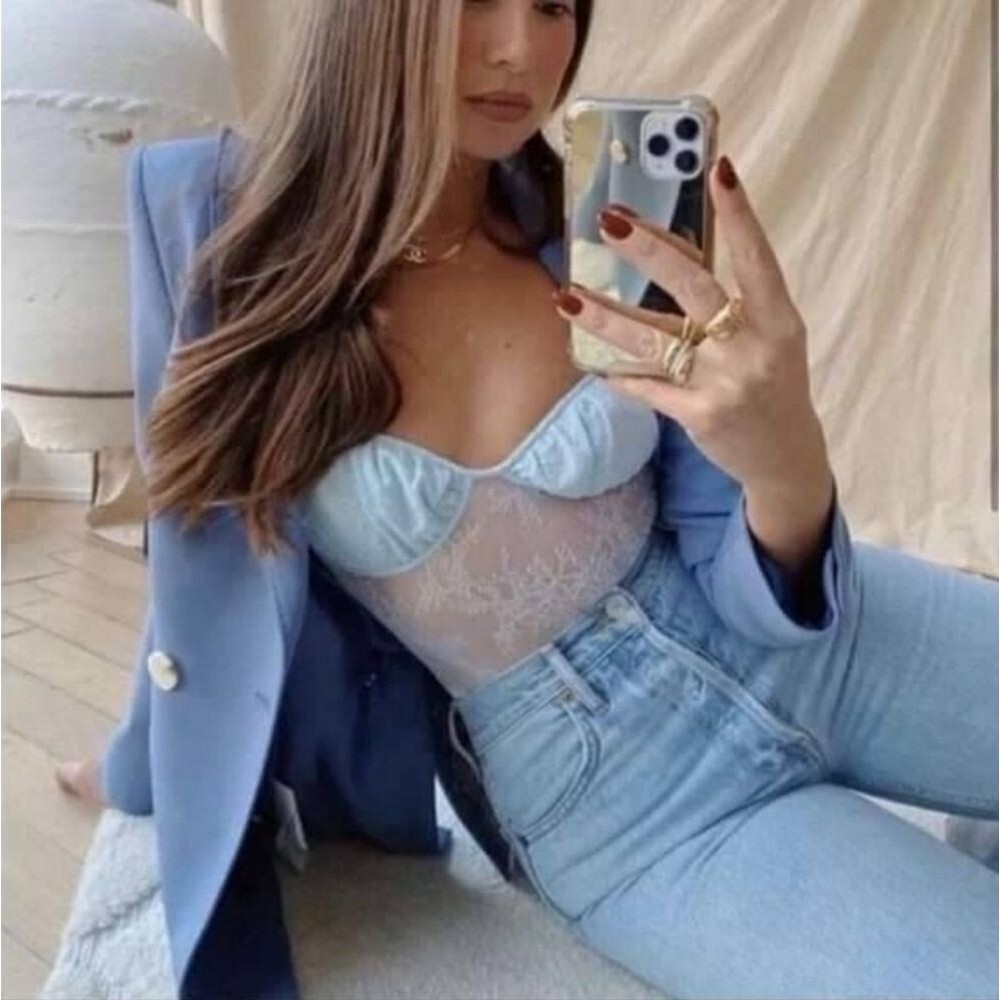 Danielle Bernstein Women's Size 00 Delic Blue Adjustable Lace Thong Bodysuit